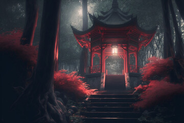 The red stairway leading up to the Japanese shrine, the warm glow of the lanterns, the big trees and the red leaves With Generative AI