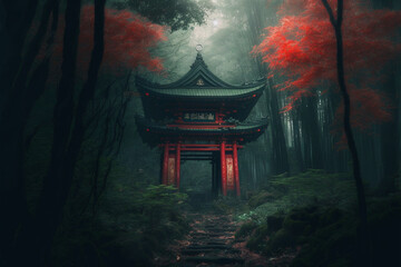 In front of a Japanese shrine entrance deep in the forest, mysterious With Generative AI