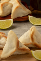 Typical Arabian snack sfiha close up. Selective focus.