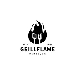 grill fire flame with spatula and fork vintage icon logo design