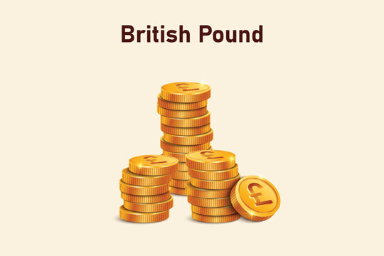 Stack of Pound Sterling gold coins. Realistic 3D gold coins. Ecommerce free credit concept.