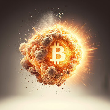Gold glowing coin with the bitcoin logo on it exploding, concepts of bitcoin explosion