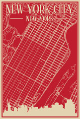 Red hand-drawn framed poster of the downtown NEW YORK CITY, NEW YORK with highlighted vintage city skyline and lettering