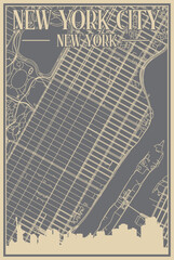 Grey hand-drawn framed poster of the downtown NEW YORK CITY, NEW YORK with highlighted vintage city skyline and lettering