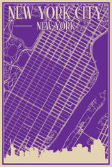 Purple hand-drawn framed poster of the downtown NEW YORK CITY, NEW YORK with highlighted vintage city skyline and lettering