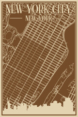 Brown hand-drawn framed poster of the downtown NEW YORK CITY, NEW YORK with highlighted vintage city skyline and lettering