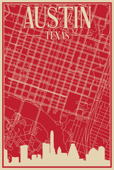 Red hand-drawn framed poster of the downtown AUSTIN, TEXAS with highlighted vintage city skyline and lettering
