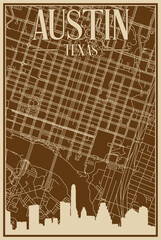 Brown hand-drawn framed poster of the downtown AUSTIN, TEXAS with highlighted vintage city skyline and lettering