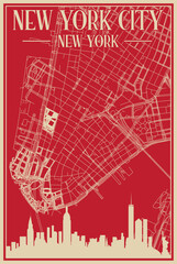 Red hand-drawn framed poster of the downtown NEW YORK CITY, NEW YORK with highlighted vintage city skyline and lettering