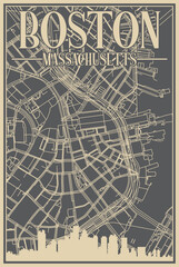Grey hand-drawn framed poster of the downtown BOSTON, MASSACHUSETTS with highlighted vintage city skyline and lettering