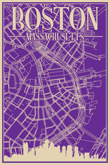 Purple hand-drawn framed poster of the downtown BOSTON, MASSACHUSETTS with highlighted vintage city skyline and lettering