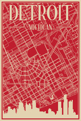 Red hand-drawn framed poster of the downtown DETROIT, MICHIGAN with highlighted vintage city skyline and lettering