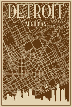 Brown hand-drawn framed poster of the downtown DETROIT, MICHIGAN with highlighted vintage city skyline and lettering