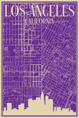Purple hand-drawn framed poster of the downtown LOS ANGELES, CALIFORNIA with highlighted vintage city skyline and lettering
