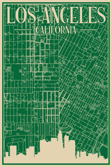 Green hand-drawn framed poster of the downtown LOS ANGELES, CALIFORNIA with highlighted vintage city skyline and lettering