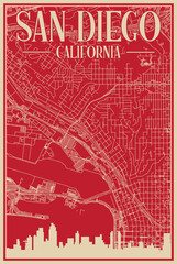Red hand-drawn framed poster of the downtown SAN DIEGO, CALIFORNIA with highlighted vintage city skyline and lettering
