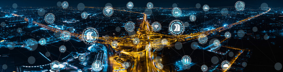 Social traffic infrastructure and intelligent communication technology with Double exposure Modern...