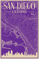 Purple hand-drawn framed poster of the downtown SAN DIEGO, CALIFORNIA with highlighted vintage city skyline and lettering