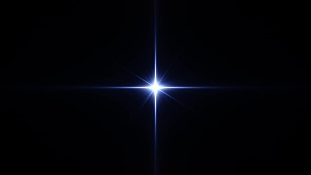 4K loop center flickering golw blue optical lens flares shin animation art on black background. Lighting lamp rays effect dynamic bright video footage for project  screen overlay