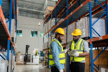 African male workers interact in a factory warehouse for export business.