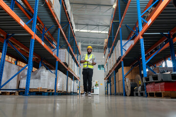 Portrait african black warehouse supervisor standing with digital tablet check stock in large warehouse distribution center with colleague worker in background. Business warehouse and logistic concept