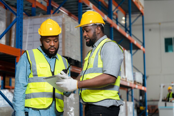 Engineer asian and african men wearing safety helmet and vest holding clipboard and take note on the paper in the automotive part warehouse.Products and corrugated cardboard.
