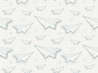 Paper airplanes doodle icon in school notebook seamless pattern background. plane hand drawn sketch in vector illustration.