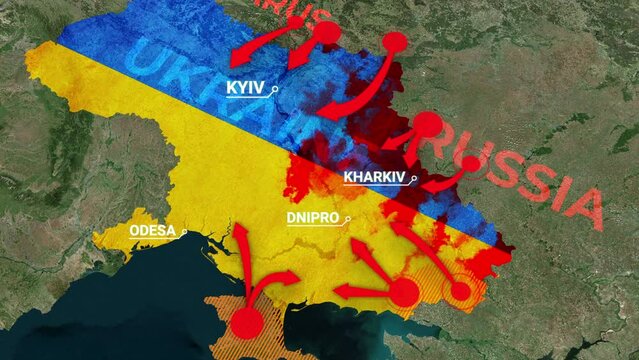 Ukraine map invasion attack war Animated map of Russia invasion of Ukraine, the movement of troops. as of February 24, 2022, UHD 4K 3D Renderd