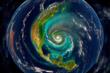space view of the American Ian hurricane in Florida state of United States showing the effects of climate change on cities of America.Generative AI