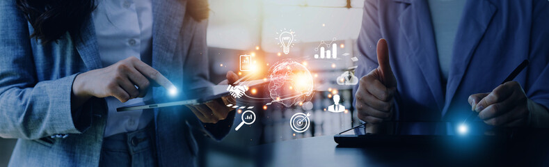 woman Hand holding virtual Global Internet connection metaverse. Business global internet connection application technology and digital marketing, Financial and banking, Digital link tech, big data.