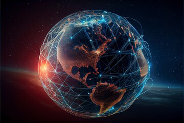 Global network connection covering the earth with lines of innovative perception