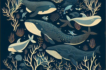 Marine seamless pattern with whales