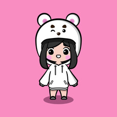 Cute girl wearing oversize jumper. White Bear character oversize jumper. Fit for mascot, children's book, icon, t-shirt design, etc.