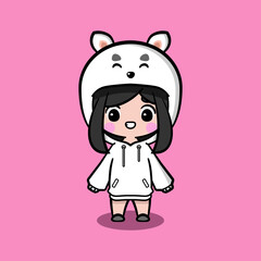 Cute girl wearing oversize jumper. White wolf character oversize jumper. Fit for mascot, children's book, icon, t-shirt design, etc.