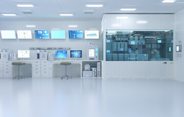 White futuristic digital laboratory interior in semiconductor manufacturing factory