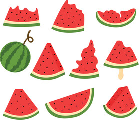 Set of watermelons clipart vector. Including watermelon, watermelon slices, bitten watermelons, and watermelon ice cream.