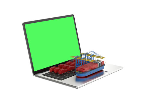 Logistic business report with cargo ship or vessel and containers on laptop