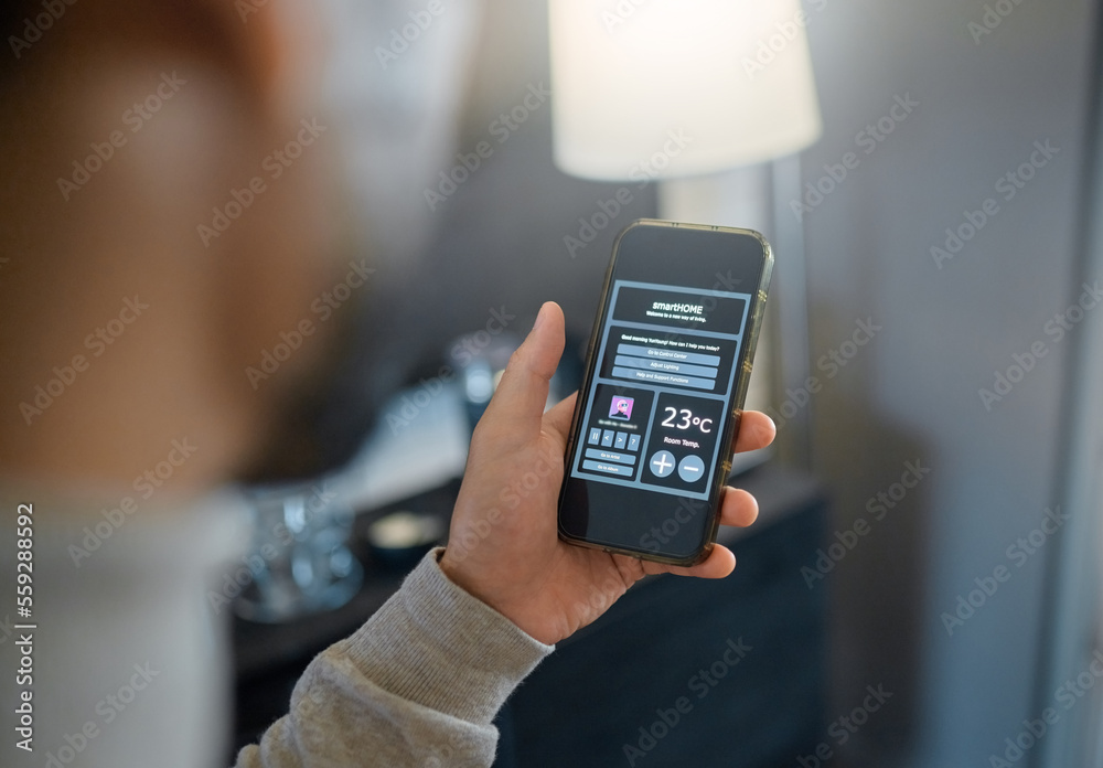Fototapete Smart home technology, app and man with phone dashboard for air conditioning, safety security network or house automation. Software system, digital ui screen or hands of person programming IOT mobile