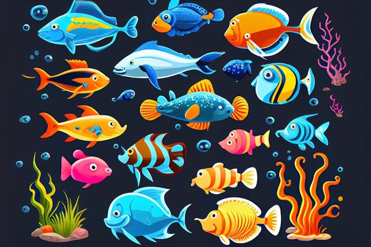 Cartoon childrens aquarium and wild sea fishes