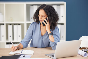 Planning, writing and phone call of black woman architect focused in professional office. Strategy, architecture and productivity of employee in communication with client on smartphone.