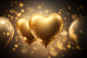 gold heart balloons with bokeh background, generative ai composite 
