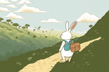  curious white rabbit with a small backpack and a map in hand. Generative AI	