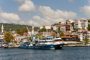 Fototapeta na wymiar View from the sea of the green mountains of the Europian side of Bosphorus strait, with docked boats, traditional houses and dense trees in a summer day, Istanbul, Turkey