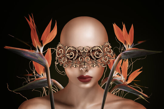 Surreal portrait of futuristic baldness woman and flowers