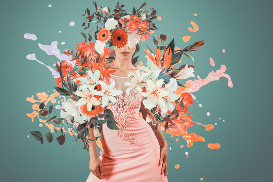 Abstract art collage of young woman with flowers