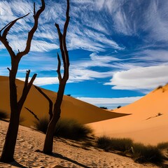 A desert scene with tall sand dunes and a bright blue sky