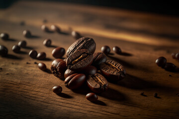 Coffee bean on wood table. illustration generated by AI.
