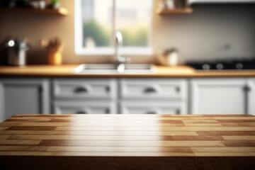 Wooden texture table top on blurred kitchen window background. For product display or design key visual layout. Generative AI