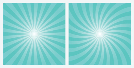 Turquoise Blue rays background. Sunburst pattern background set. Radial and swirl retro style background in pop art style.