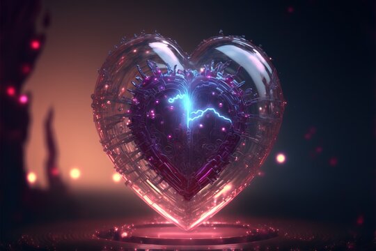 Transparent glass heart with pink electronic circuit board inside, electrical signals, generative AI